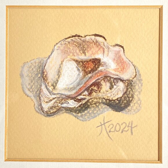 Cracked Oyster Pastel Art Drawing Painting Neutral Colors Square Framed 9x9in - Picture 1 of 9